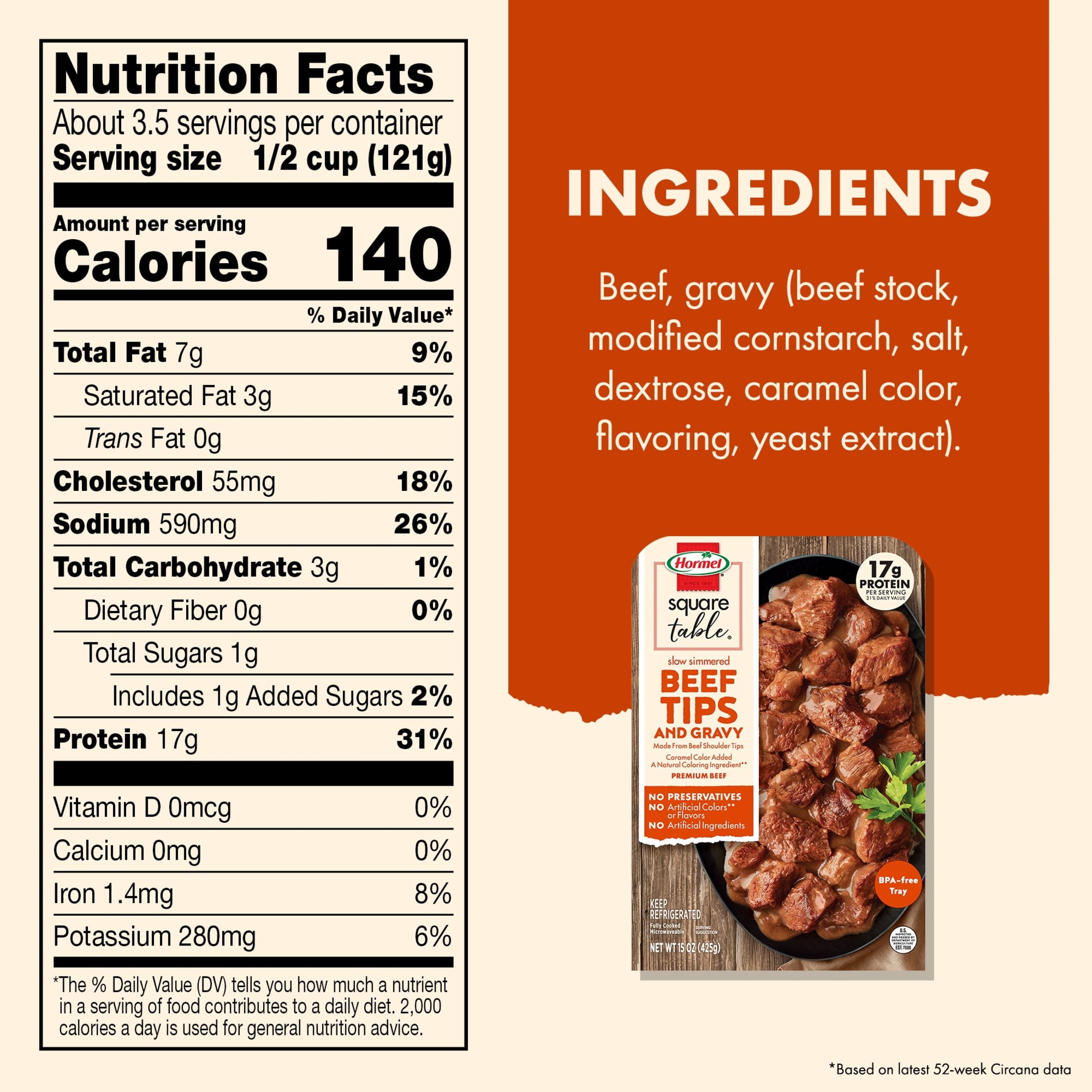 HORMEL SQUARE TABLE Slow Simmered Beef Tips and Gravy, Beef Shoulder Cuts,  Refrigerated, 15 oz Plastic Microwaveable Tray