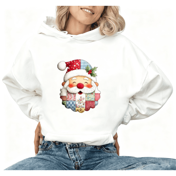 Commuting Patchwork Santa Christmas Graphic Tee T-Shirt Top Print Hooded long-sleeved White S-2XL