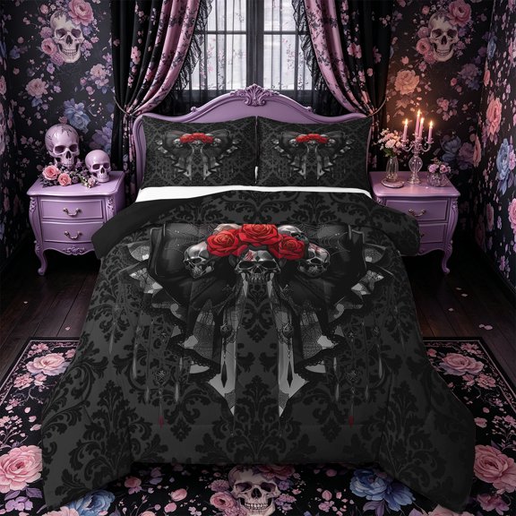 Castle Fairy Gothic Bow Skull Full Size Comforter Sets 3-Piece,Rose Lace Damask Background Bedding Comforter Set,Red Gray Blacks,1 Comforter and 2 Pillowcases,Black Reversible