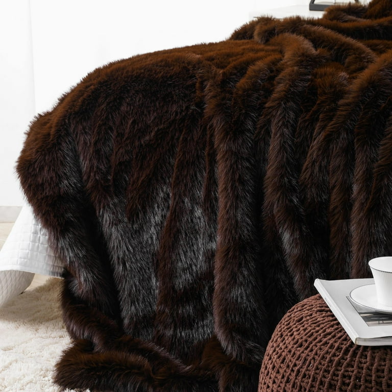 Battilo Luxury Fluffy Brown Faux Fur Throw Blanket, Cozy Thick Warm Fur Blanket for Couch, Sofa, Chair, Bed, Plush Fuzzy Fur Throws with Long Pile, 50