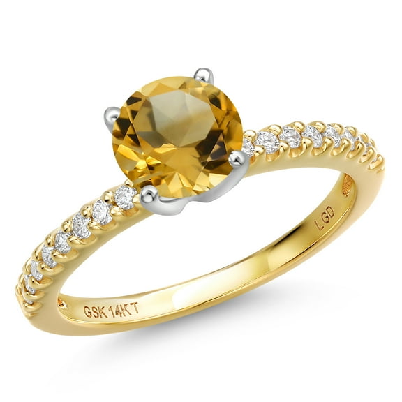 Gem Stone King 14K Two Tone Gold Yellow Citrine and Lab Grown Diamond Engagement Ring for Women | 1.46 Cttw | Round 7MM | Gemstone November Birthstone | Size 6