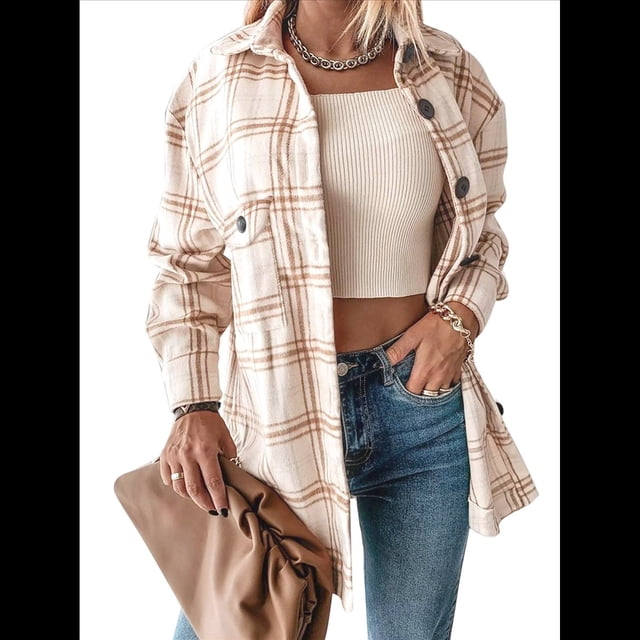 Ropa de Mujer para y Otoño, Elegante, de Larga, con Solapa, Holgada, A Cuadros, Chaqueta y Camisa de Franela con Botones. Caqui L