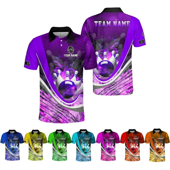 Personalized Name Bowling Polo Shirts 3D for Men and Women, Bowling Shirt, Bowling Shirts for Men Team Bowling Shirt (Purple, S)