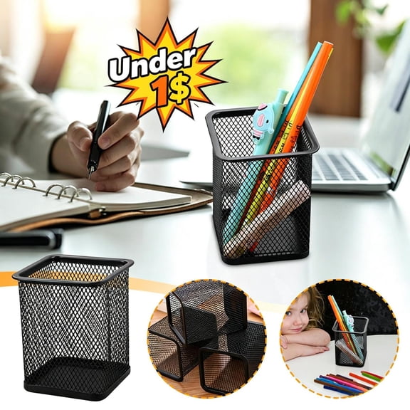 Under 1$ Product! Black Square Metal Mesh Pen Holder, Sturdy Durable Desk Organizer Cup, Versatile Multipurpose Storage Caddy for Pens, Office Supplies, Makeup Brushes & Small Tools