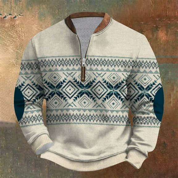 gbyLJF Men's Vintage Printed Sweater Half Zipper Knitted Long Sleeve Sweatshirt Round Neck Pullover Blouse for Men