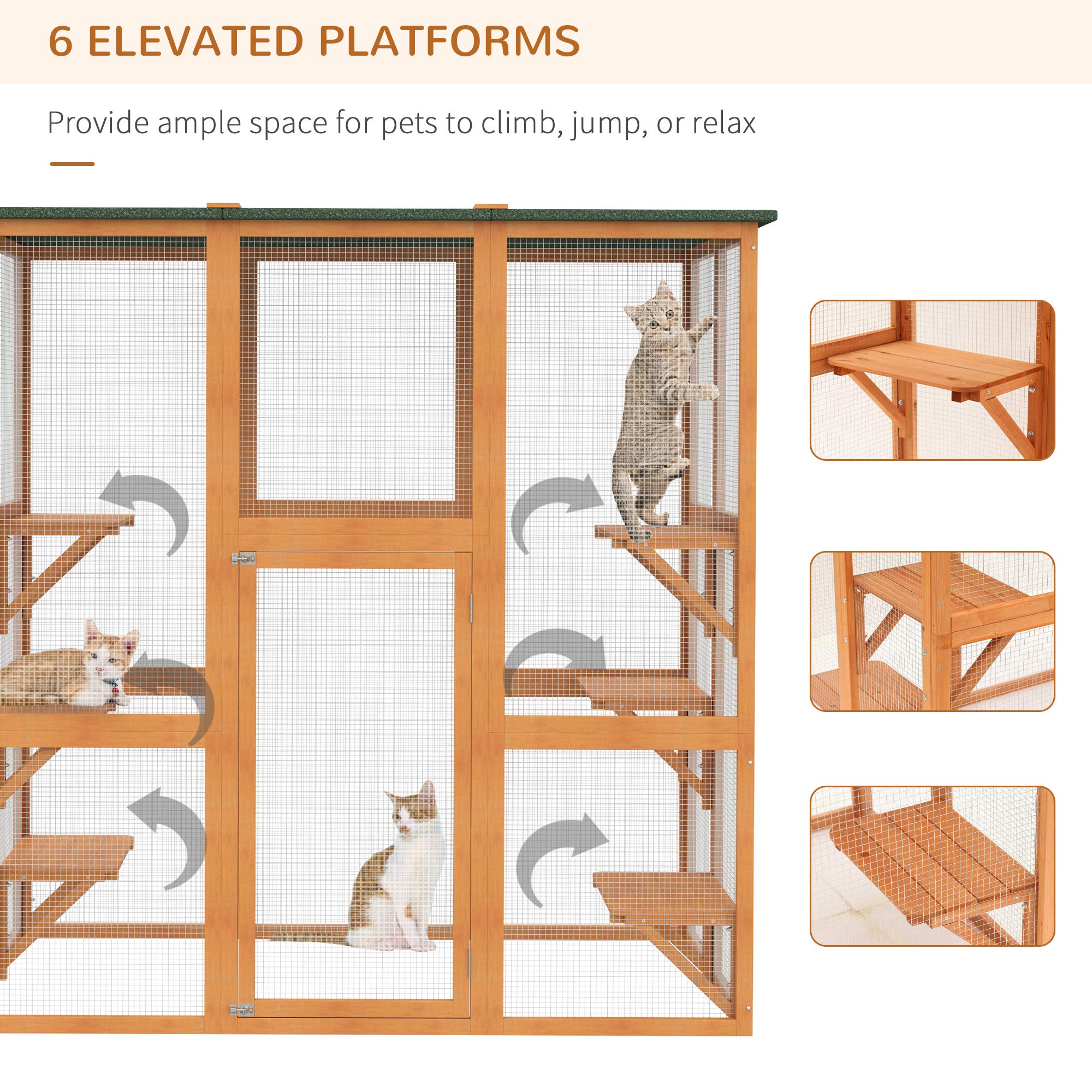 Wooden Outdoor Cat House Large Catio Enclosure for Multiple Cats, Spacious Interior with 6 High Ledges, Weatherproof Asphalt Roof, Durable Fir Wood Construction, 71 Inch Length, Orange