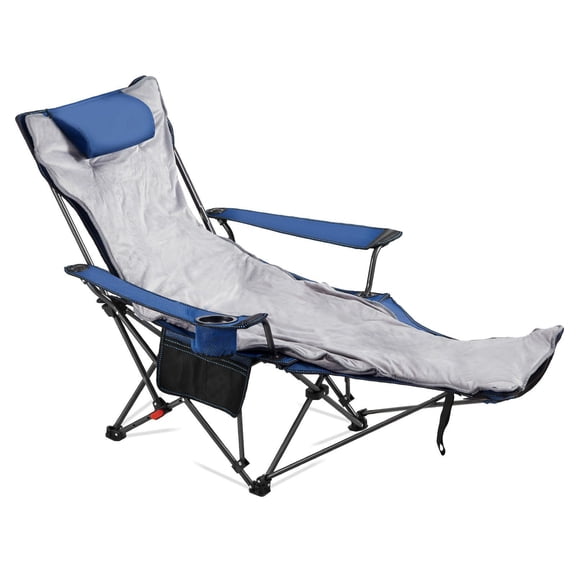 Reclining Camping Chair 4 Adjustable Positions Portable Folding Lounger for Adults with Mesh Footrest Plush Cushion Supports 220 lbs Heavy Duty Patio Beach Chair Blue