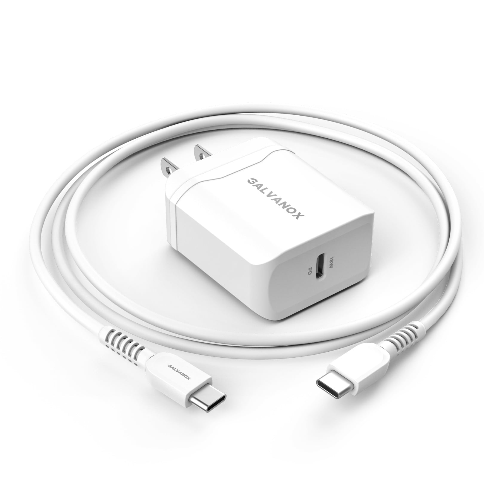 Galvanox USB C Charger - 18W PD Wall Adapter Plug with 5FT Charging Cable (Power Delivery Technology) C-C Cord and Fast Adapter (2.0 / 3.0) White
