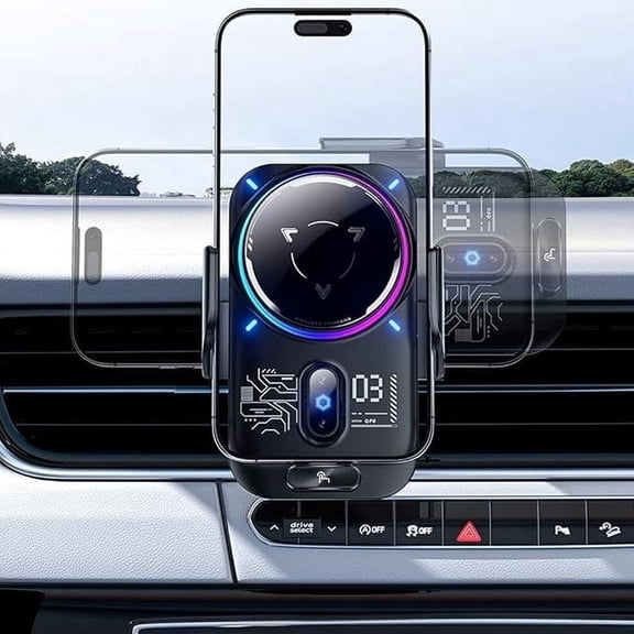 25W Wireless Car Charger with Cooling Fan, Magnetic Auto-Clamp Phone Mount, RGB Light Vent Holder for iPhone 12 & Android