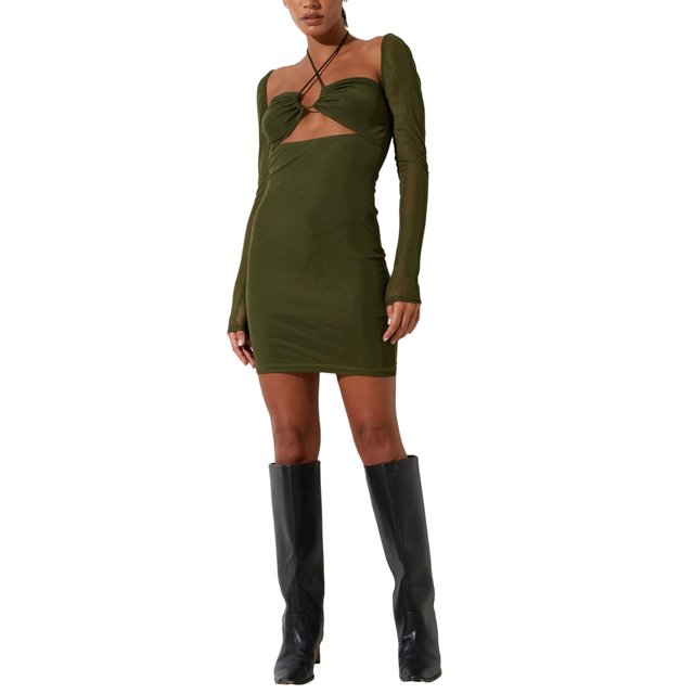 VISgogo Vestido ajustado de verano de color sólido para mujer, diseño de corte en el pecho plisado de manga larga Casual de una pieza VISgogo moda