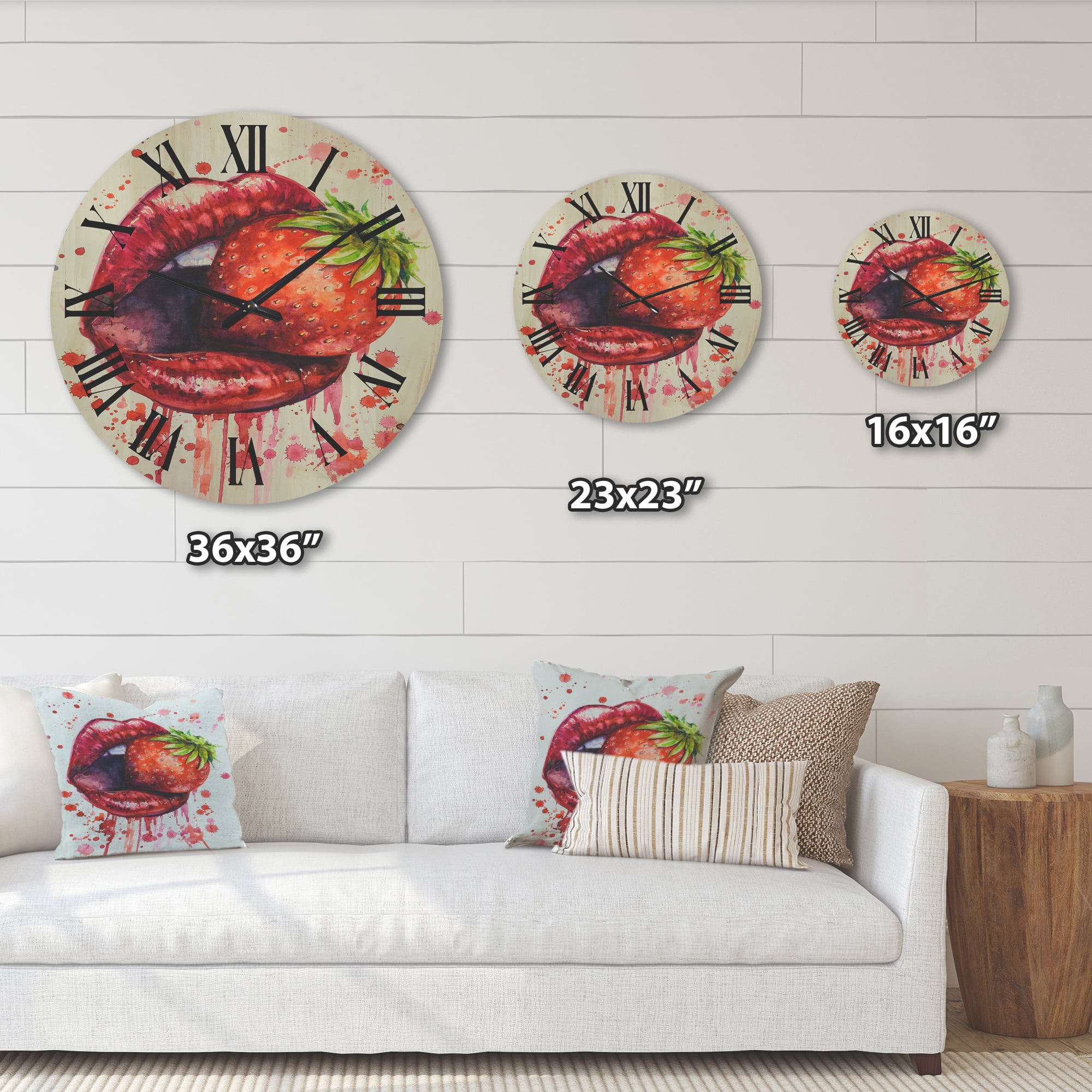 Designart 'Red Girl Lips Eating A Strawberry' Modern Wood Wall Clock