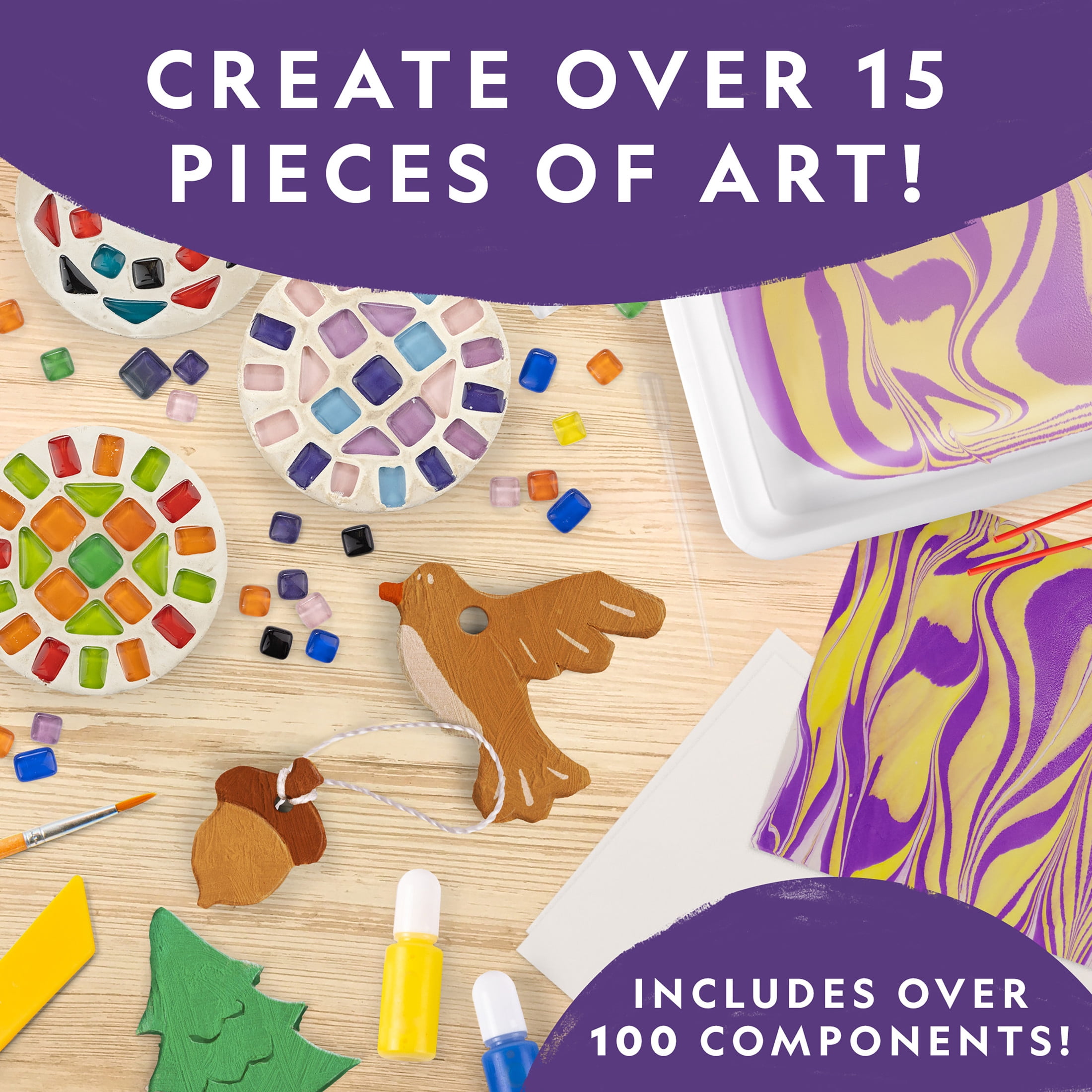 NATIONAL GEOGRAPHIC Mega Arts and Crafts Kit for Kids – Mosaic, Marbling Paint & Air Dry Clay Pottery Craft Kit for Kids Age 8-12