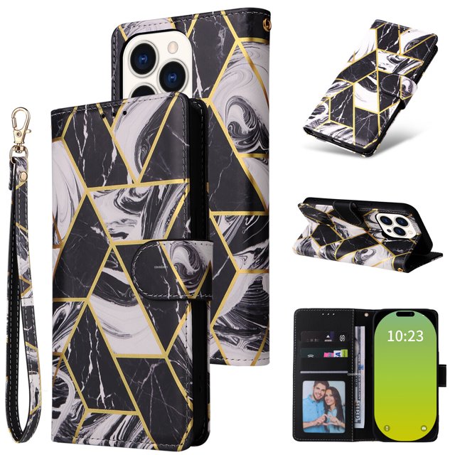 Compatible with iPhone 15 Pro Max Premium Vintage PU Leather Magnetic Closure Case with Strap Flip Cover