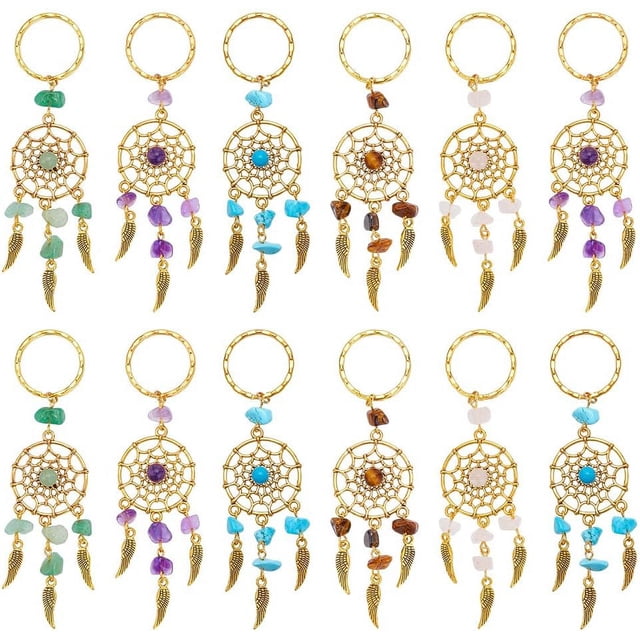 12 llaveros de atrapasueños con piedras preciosas de cuarzo, llaveros de plumas, llavero de atrapasueños, decoración de la suerte.