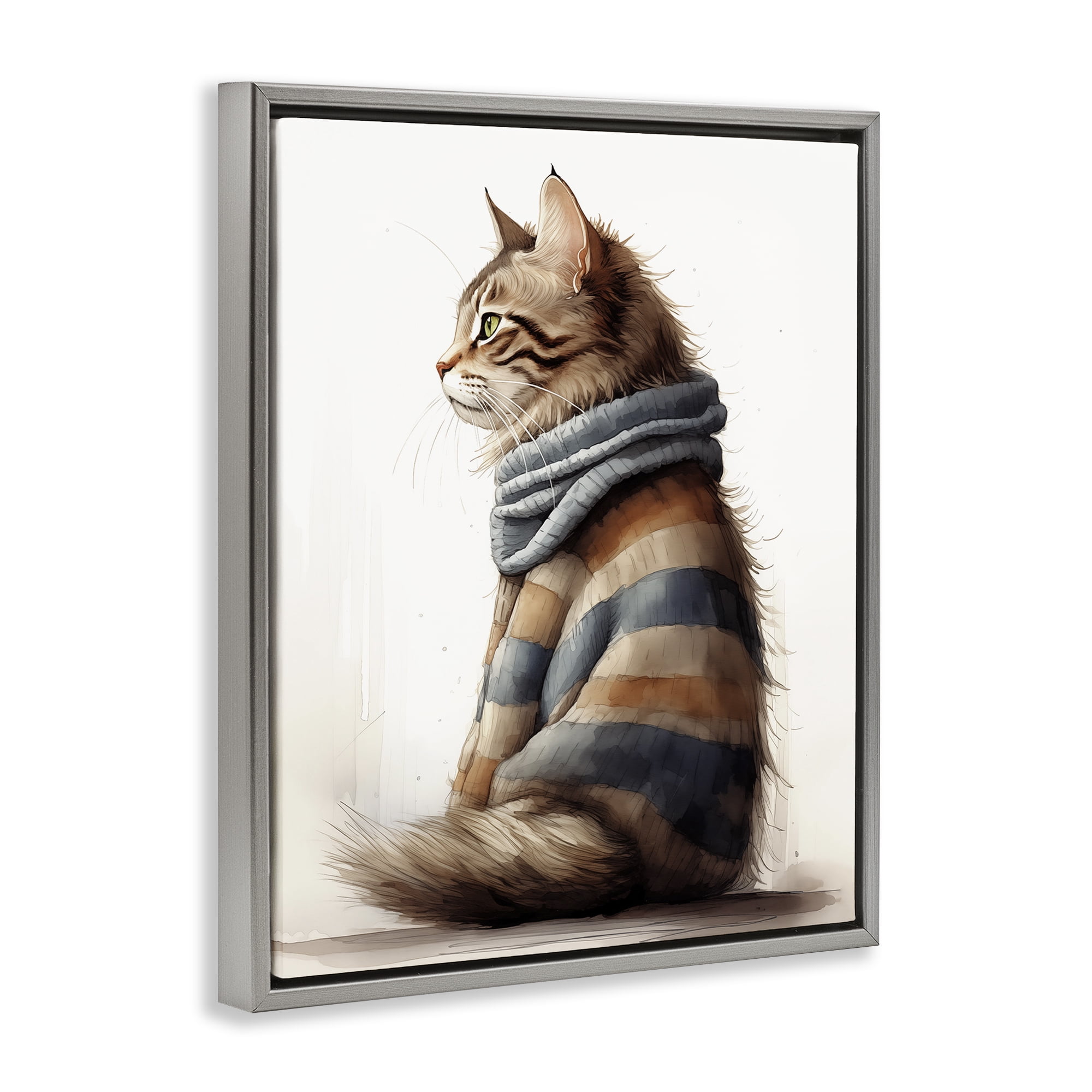 Stupell Industries Cat in Striped Sweater Animals & Insects Painting Gray Floater Framed Canvas Art Print Wall Art, 17 x 21