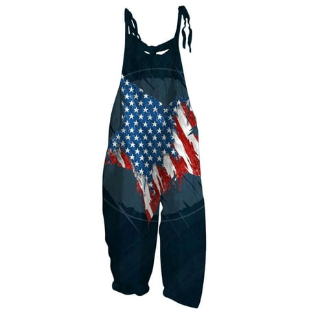 

REORIAFEE 4th of July Rompers Women Independence Day Print Jumpsuit Wide Leg Overalls Loose Rompers Independence Day Print Vintage Double Pocket Jumpsuit With Straps Black XXL