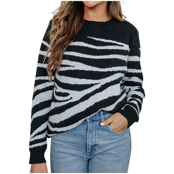 Lilgiuy Women Autumn And Winter Knit Stripe Print Crewneck Pullover Sweater,Black,6(M) Winter Fashion 2022