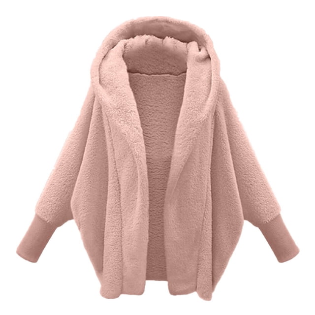 GDREDA Womens Winter Long Sleeve Solid Fuzzy Open Front Hooded Cardigans Jacket Coats Outerwear With Pocket Pink,S
