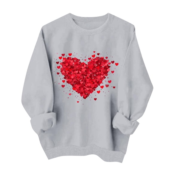 Valentine's Day Sweatshirt Women Oversized Comfy Heart Graphic Pullover Soft Casual Crewneck Gray,Size M