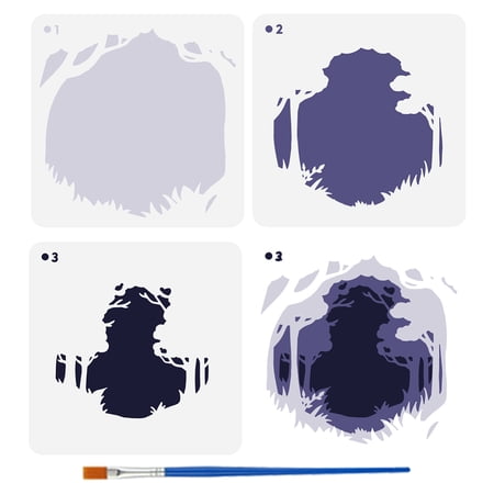 3-Piece Layered Forest Painting Stencil Set with Brush Fairy Tale Forest Template Trees Pathway Grass Nature Theme DIY CraftsDIY