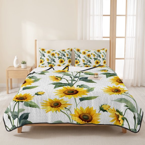 3 Piece Summer Bed Quilt Set King Size,Watercolor Spring Sunflowers Leaves Lightweight Bedspread Coverlet with 2 Pillowcases Farm Botantical Soft Comforter Bedding Quilts for All Season