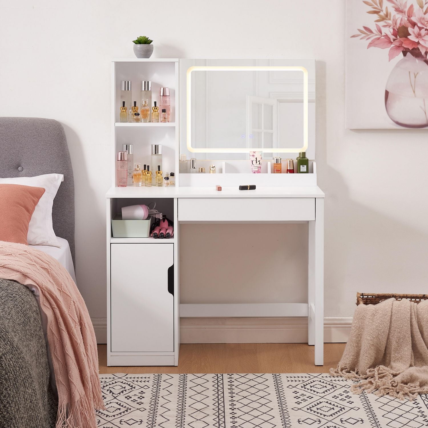 Mainstays Vanity with Lighted Mirror and Storage, White