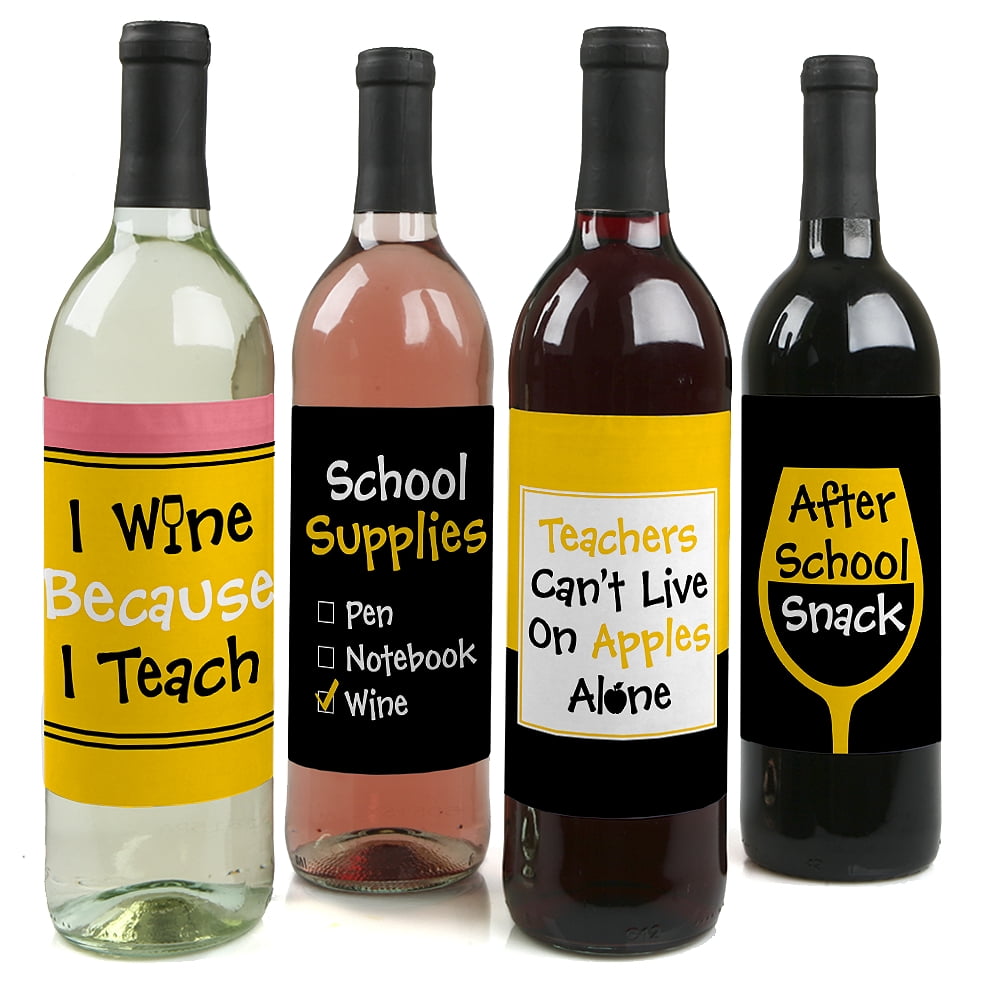 Big Dot of Happiness Best Teacher Gift - Teacher Appreciation First and Last Day of School or Christmas Gift for Women and Men - Wine Bottle Label Stickers - Set of 4