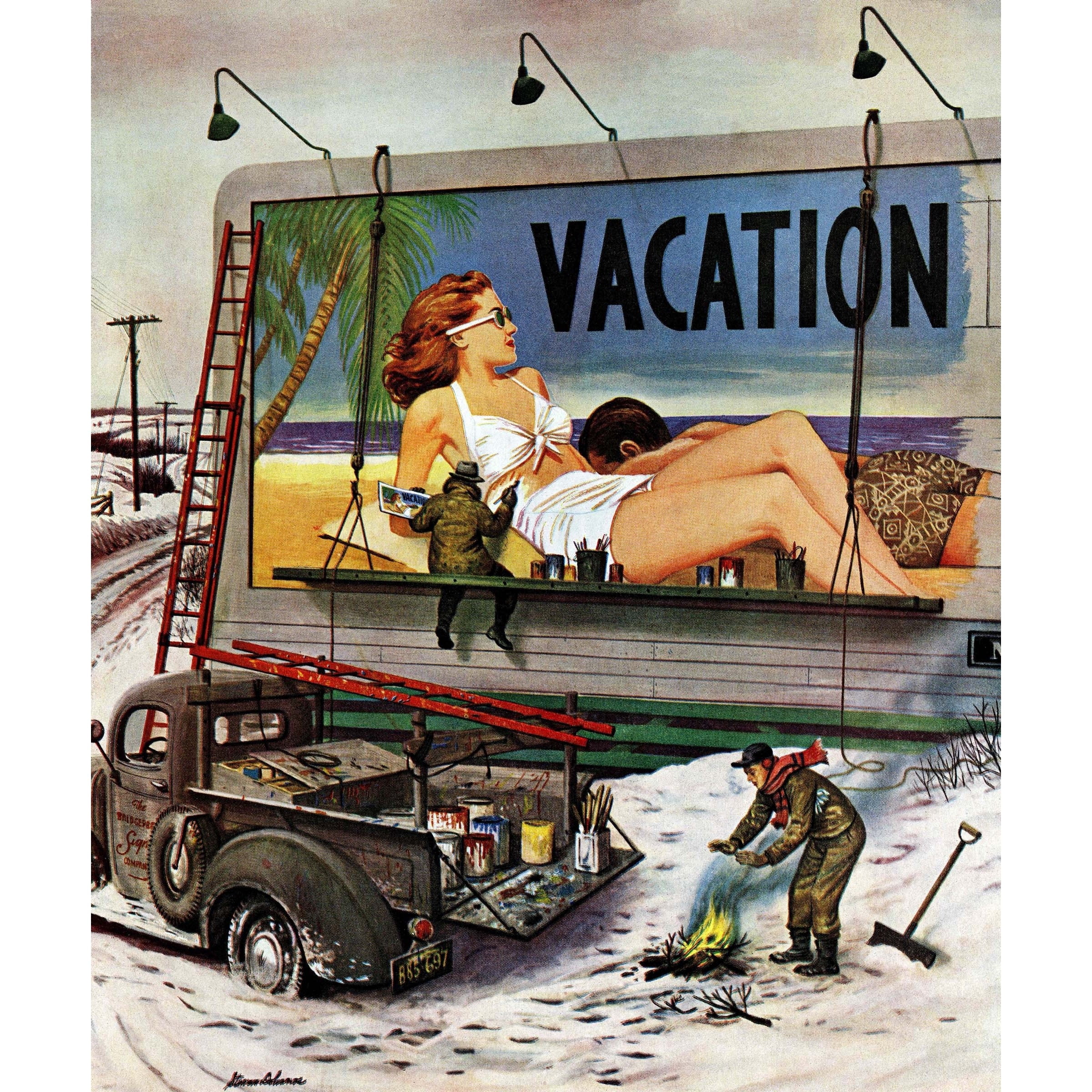 Marmont Hill "Billboard Painters in Winter" by Stevan Dohanos Painting Print on Canvas