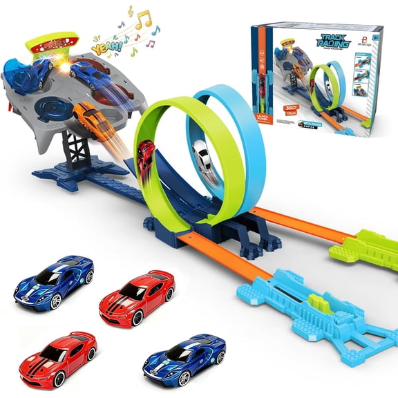 Dual Toy Car Race Track Set for Kids 2 Player Loop & Launch Car Track Toy with Score Points, 4 Metal Alloy Racing Cars, Interactive Sound Effects & Competitive Stunt Challenge for Boys & Girls