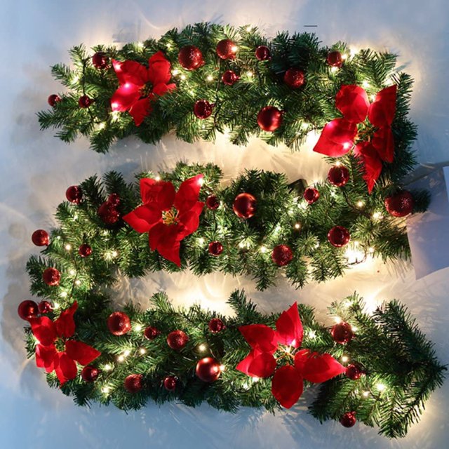 Guirlande de Noël avec Lumières Guirlande Artificielle avec des Fleurs Rouges Baies et Pommes de Pin Décor de Noël pour la Porte de Mur d'Escalier (Rouge (avec Lumière), 1 Pack)