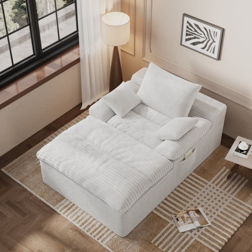 Leumius Oversized Chaise Lounge Chair Indoor,Corduroy Upholstered Sofa Bed with Deep Seat,Cozy Lounge Chair Sleeper Sofa for Living Room,Bedroom,No Assembly Required,Cream White