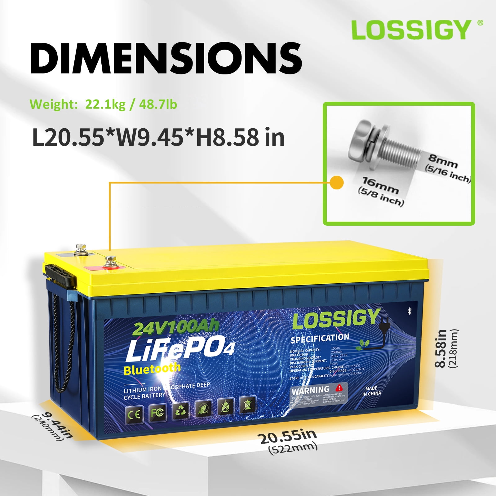 LOSSIGY 24V 100AH LiFePO4 Lithium RV Battery, Perfect for Solar System, Marine, 2560Wh 5000+ Deep Cycles, Built in BMS with 10 Yrs Lifespan