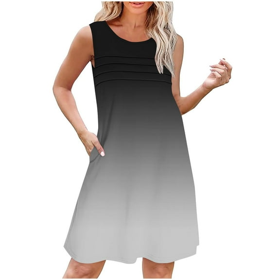 qucoqpe Womens Summer Sleeveless Tank Dress Crew Neck Front Pleated Mini Dress Casual Loose Gradient Color Beach Sundress with Pockets