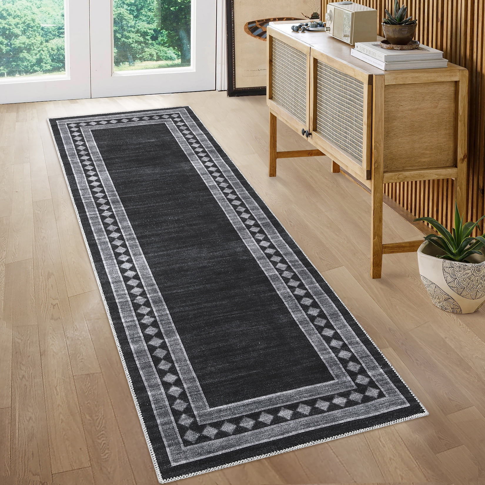CAROMIO Solid Area Rug Washable Border Rug Modern Geometric Floor Decor Perfect for Living Dining Room, 2' x 6' Black