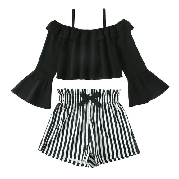 8T Big Girls Clothes 9T Girls 2PCS Outfits Set Solid Color Big Girls Long Sleeve Suspender Top Shorts Set Black