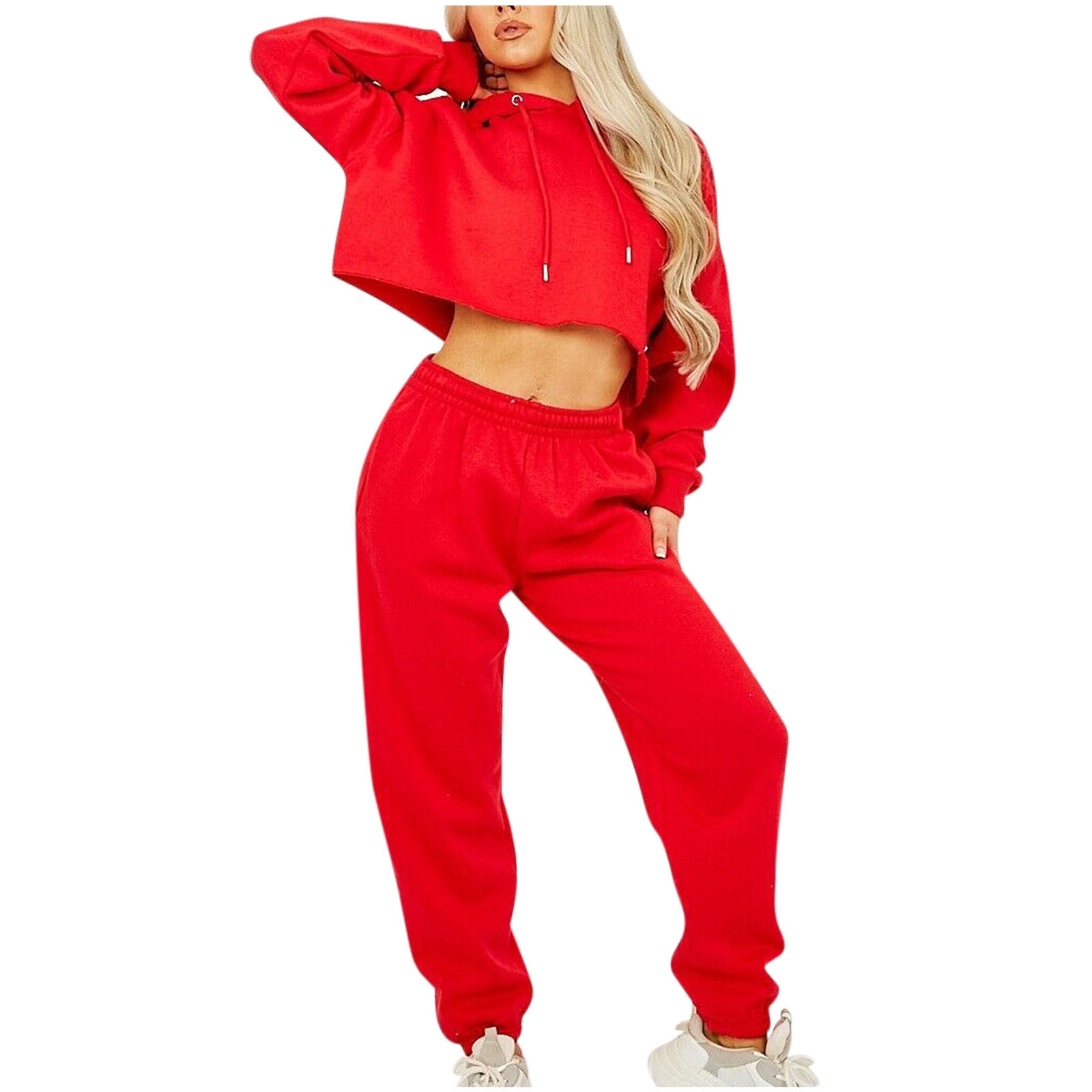 JGGSPWM 2 Pieces Basic Sweatsuit Crop Panty Jogger Outfit Solid Hooded Long Sleeve Sweater Casual Sweatshirt Tracksuit Red XL - Walmart.com