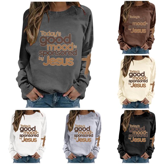 Unir Women Today's Good Mood Sponsored By Jesus Cross Sleeve Crewneck Sweatshirt Oversized Faith Fall Casual Layering Pullover Top 1PC S-XXL Plus Size Friendly