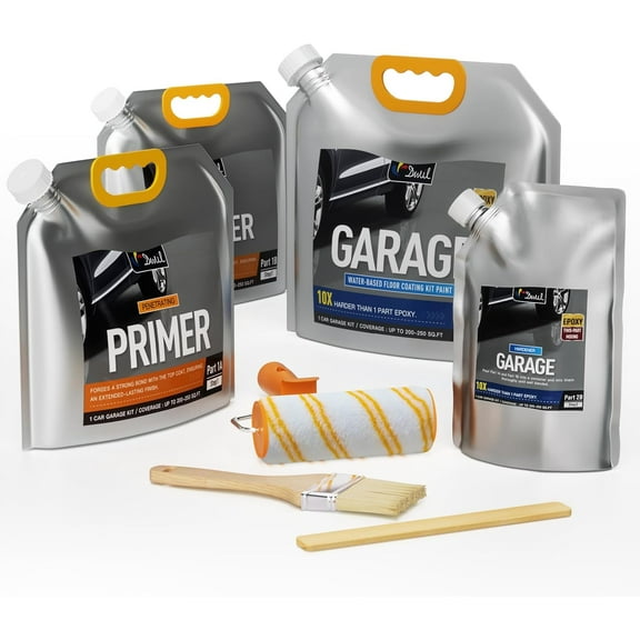 DWIL High Gloss Concrete Floor Paint - Water-based Epoxy Coating for Home, Low Odor for 1 Car Garage, Base & Basement, Light Gray