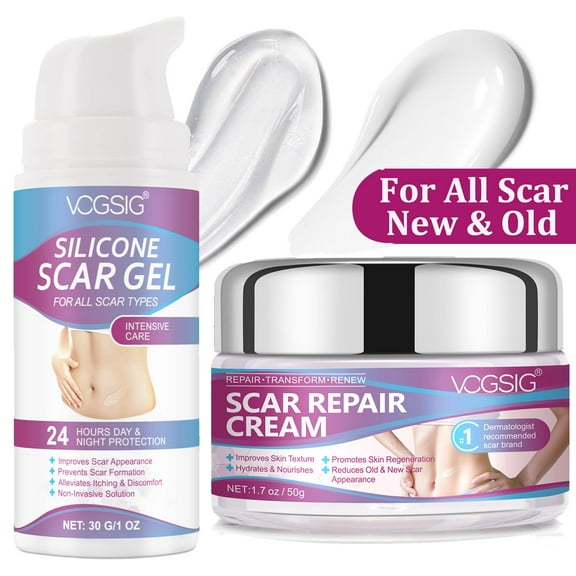 Vogisg Silicone Scar Gel and Scar Cream (2-PCS Set),Deep Hydrate and Soften, New and Old Scar Removal