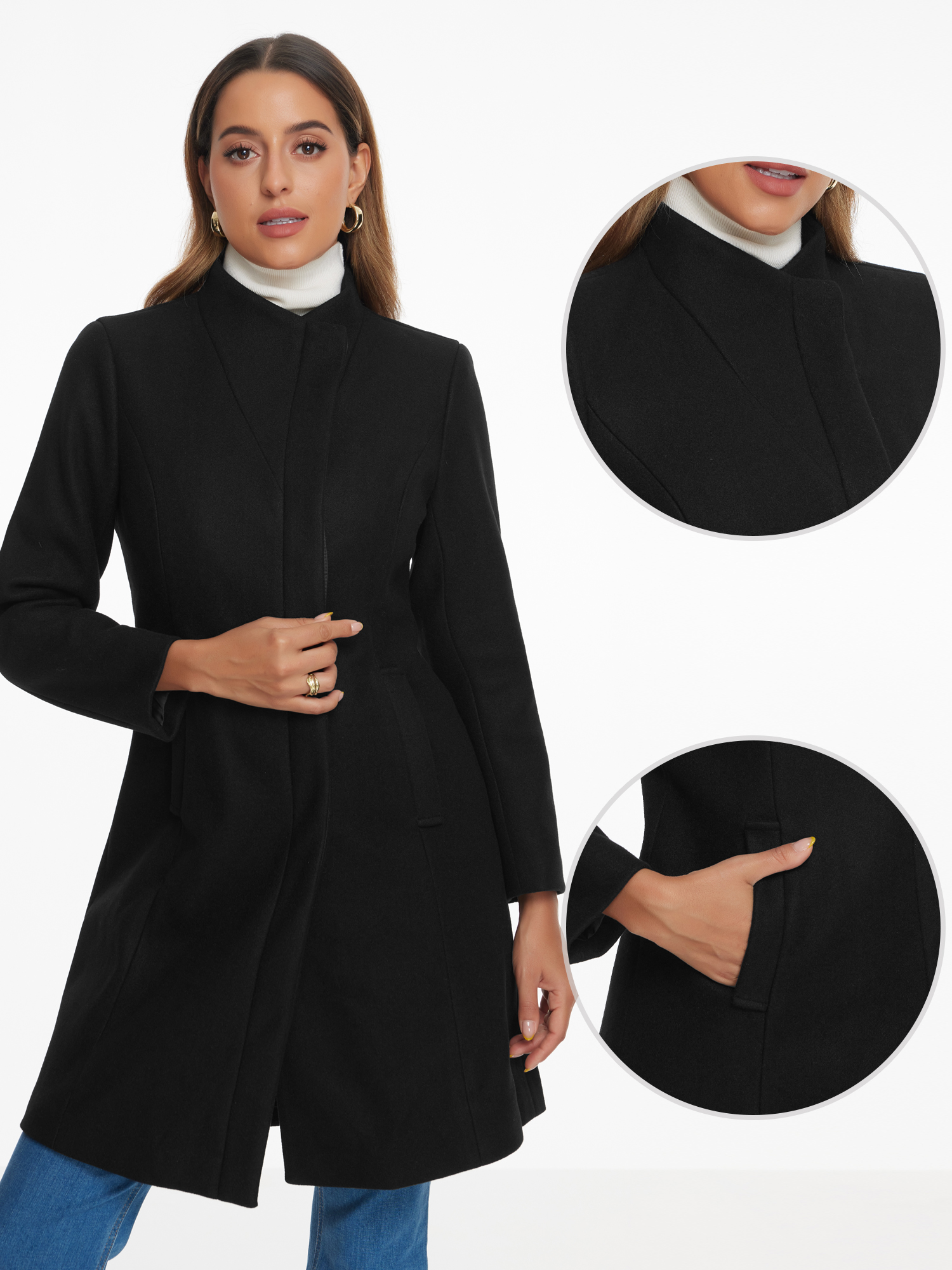 DARING DIVA Women's Stylish Peacoat Wrap Collar 2024 Winter Trench Long Coat S Black