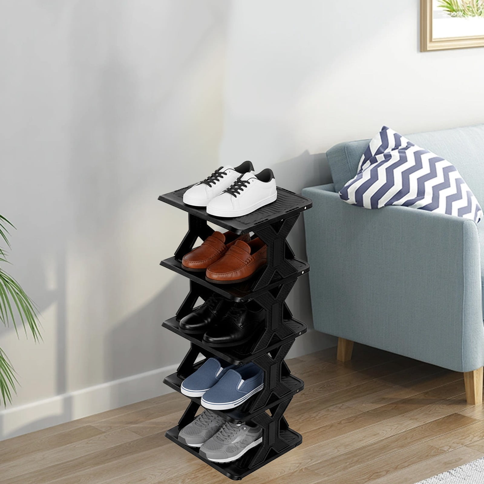 RKSTN Shoe Rack - Vertical Shoe Organizer for Small Spaces, Tall Narrow Shoe Storage Shelf for Closet Entryway Corner Garage and Bedroom, Free Stackable DIY - Space Saving Storage (5-Tier, Black)