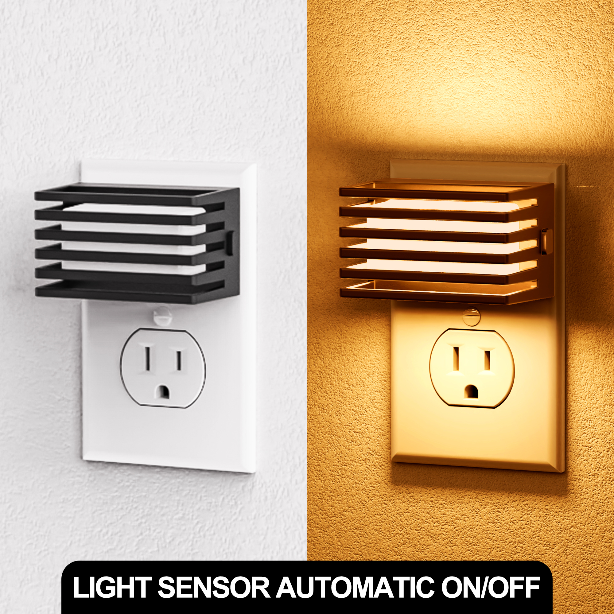 1W Plug-in Integrated LED Night Light with Dusk-to-Dawn Sensor, Up & Down Glow, Amber Warm White 2000K Dimmable , Black, 2-Pack