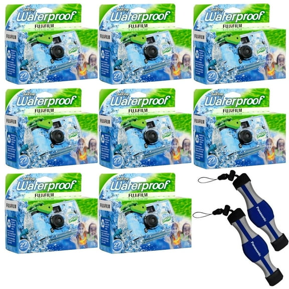 Fujifilm 8-PACK QuickSnap 800 Waterproof 35mm One-Time-Use Disposable Camera, 27 Exposures with Panasonic Floating Camera Strap
