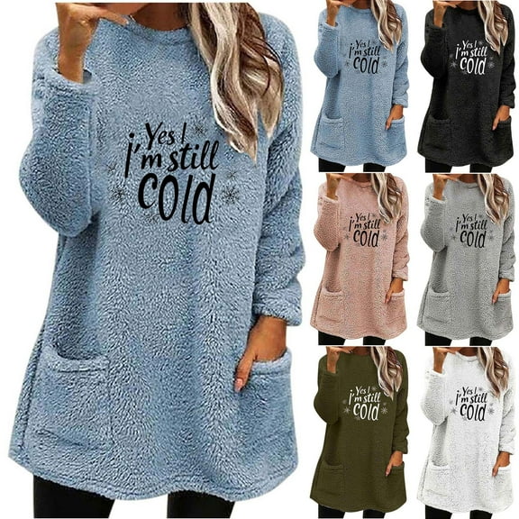 FRSASU Womens Fall/Winter Plush Tops Letter Printed Crewneck Sweatshirts with Pockets Warm Fleece Pullover Coat White XL(XL)