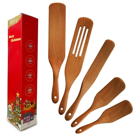 

Wooden Cooking Utensils 5Pcs Natural Teak Kitchen Utensil Set Heat Resistant Non Stick Wood Cookware with Hanging Hole Slotted Spurtle Spatula Sets for Stirring Mixing Serving