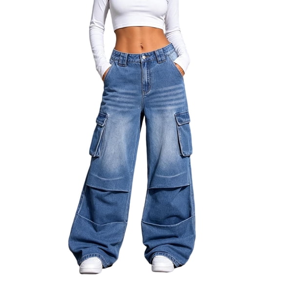 Levmjia Women Low Rise Cargo Jeans Wide Leg Denim Pants Vintage Baggy Fit with Big Pockets Elastic Waist Casual Streetwear Trousers for Women