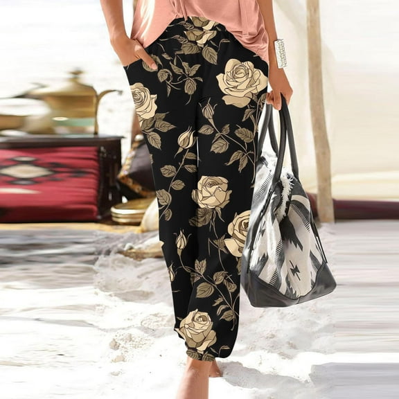 Roncen Women's Floral Print Jogger Pants - Loose Fit Casual Trousers with Elastic Waist & Cuff and Pockets