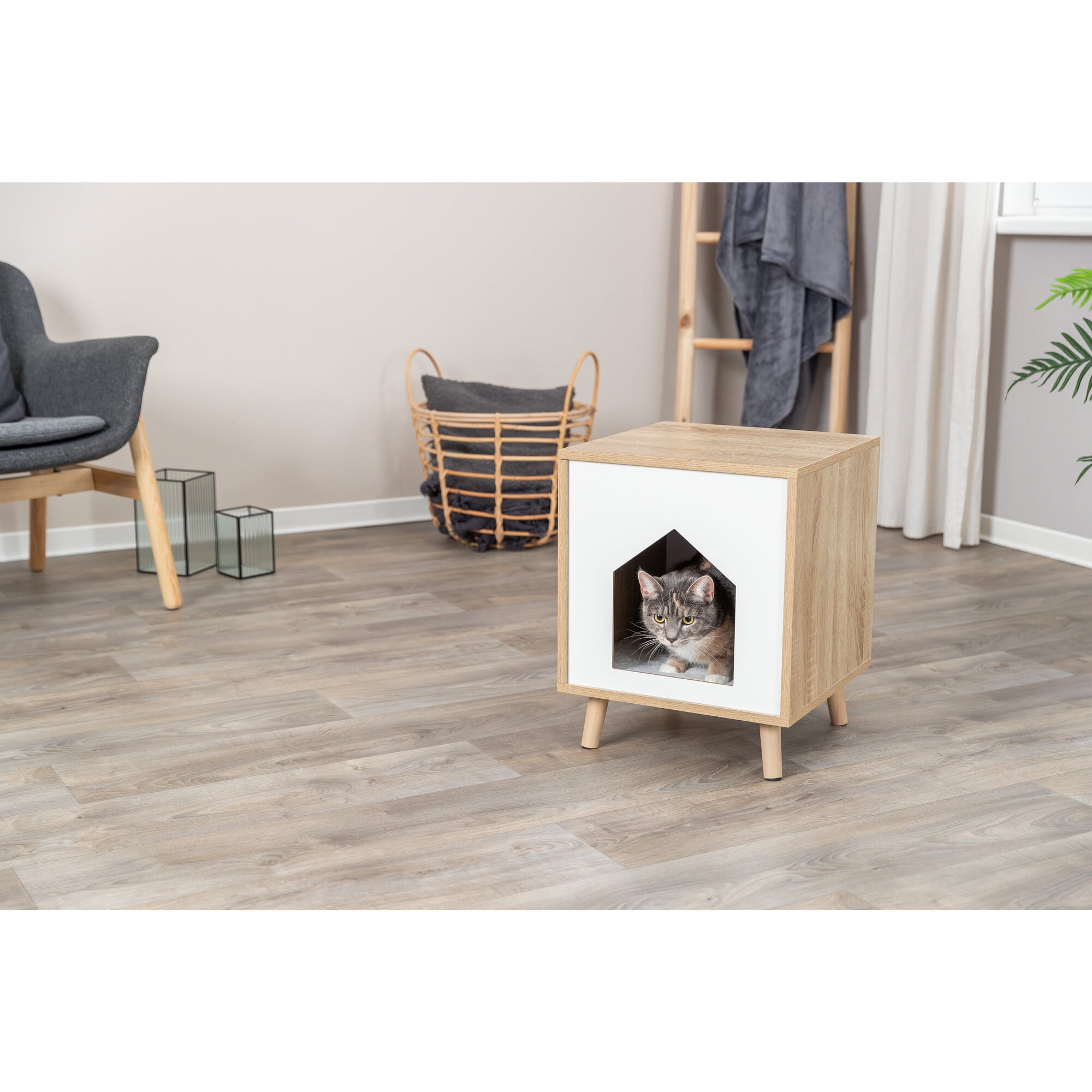 TRIXIE Isa Indoor Wooden Cat Condo, Modern Cat Bed Side Table with Cozy Cushion, Brown/White