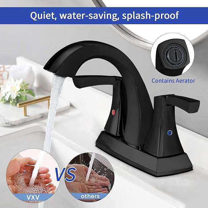 VXV Bathroom Faucet Matte Black, 2 Handles Low Arc Bathroom Sink Faucets, 4 Inch Centerset Bath Lavatory Faucets with Pop-up Drain & Faucet Supply Lines (MB)