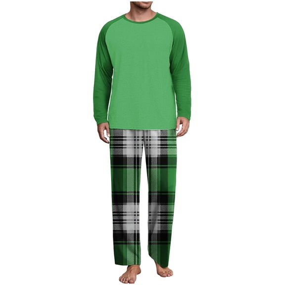 successthop Men Pajamas Sets Adults Plus Size Slash Shoulder Long Sleeve Crewneck Tops and Plaid Bottom Sleepwear Green